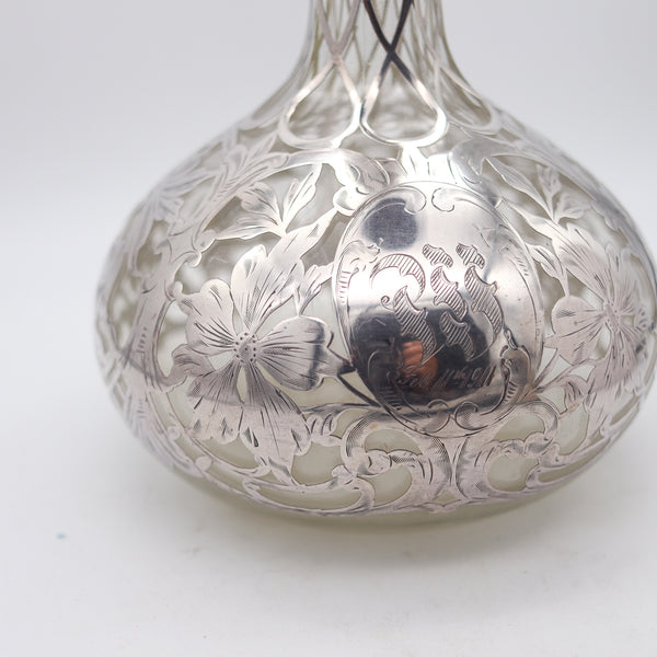 ART NOUVEAU 1900 Clear Glass Decanter-Bottle With Overlay .999 Sterling Silver