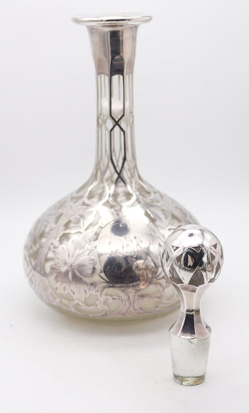 ART NOUVEAU 1900 Clear Glass Decanter-Bottle With Overlay .999 Sterling Silver