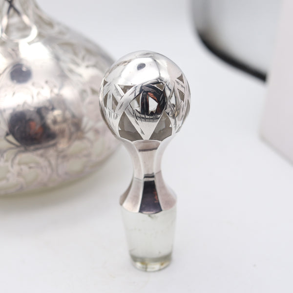 ART NOUVEAU 1900 Clear Glass Decanter-Bottle With Overlay .999 Sterling Silver