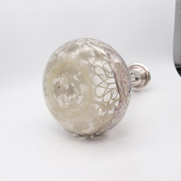 ART NOUVEAU 1900 Clear Glass Decanter-Bottle With Overlay .999 Sterling Silver