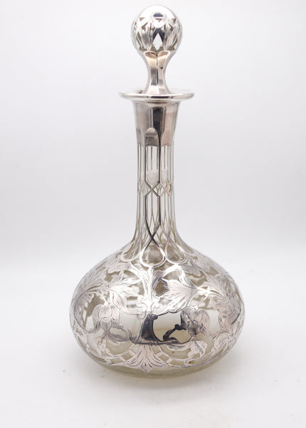 ART NOUVEAU 1900 Clear Glass Decanter-Bottle With Overlay .999 Sterling Silver