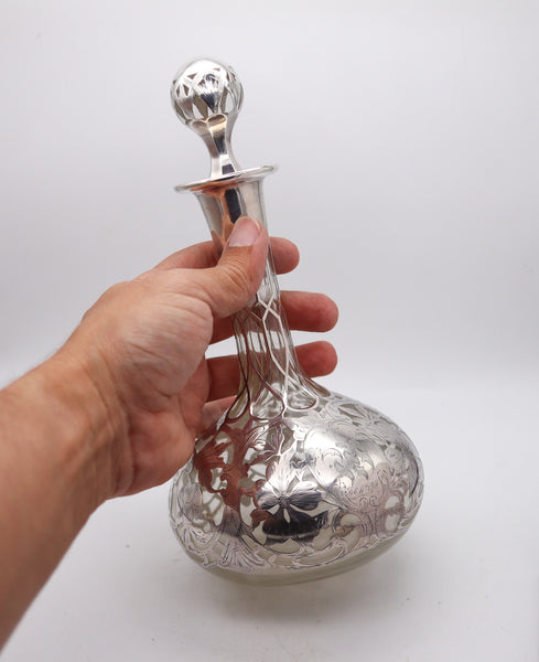 ART NOUVEAU 1900 Clear Glass Decanter-Bottle With Overlay .999 Sterling Silver