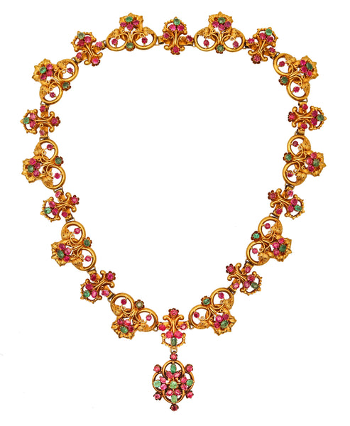 RENAISSANCE REVIVAL 1870 Necklace In 18Kt Gold With 22.35 Ctw Emeralds & Rubies