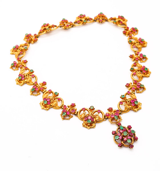 RENAISSANCE REVIVAL 1870 Necklace In 18Kt Gold With 22.35 Ctw Emeralds & Rubies