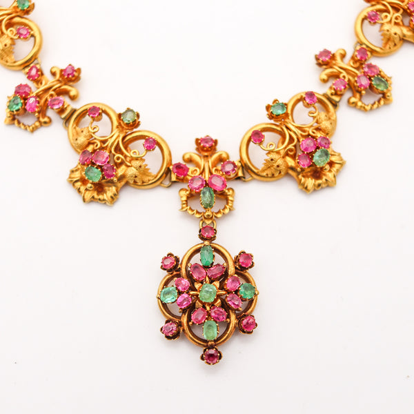 RENAISSANCE REVIVAL 1870 Necklace In 18Kt Gold With 22.35 Ctw Emeralds & Rubies