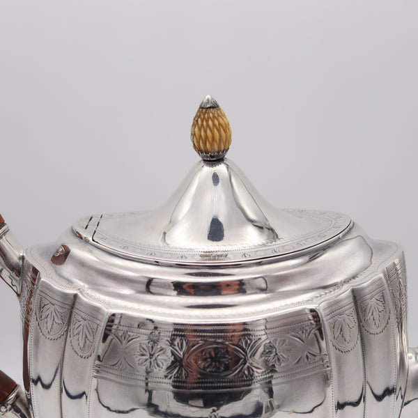 -Richard Sawyer 1801 Dublin Coffee-Tea Pot In .925 Sterling Silver With Wood