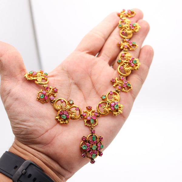 RENAISSANCE REVIVAL 1870 Necklace In 18Kt Gold With 22.35 Ctw Emeralds & Rubies