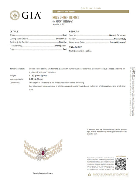 GARRARD & CO. Pearls Necklace 18Kt Gold With 7.42 Cts Diamonds & GIA Burmese Ruby