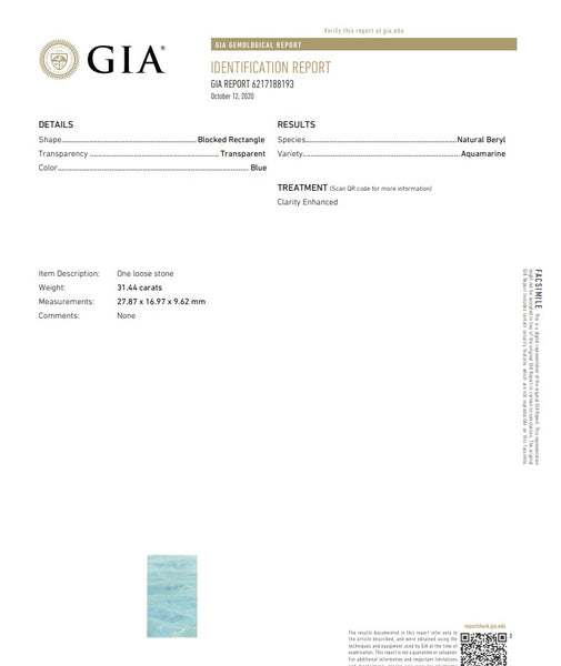 GIA CERTIFIED Natural Blue Aquamarine Fancy Cut 31.44 Carats GIA-6217188193
