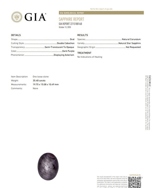 GIA CERTIFIED Natural Purple Star Sapphire Cabochon Cut 35.48 Carats GIA-2215188168