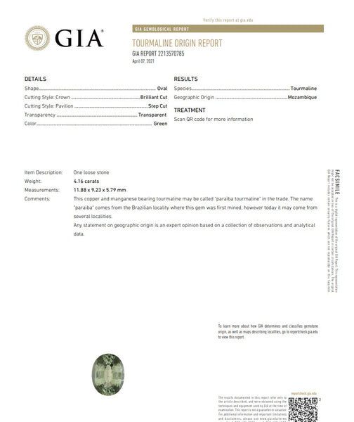 GIA CERTIFIED Natural Paraíba Tourmaline Oval Cut 4.16 Carats GIA-2213570785