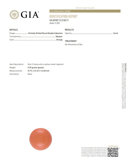 GIA CERTIFIED Natural Coral Huge Round Cabochon Cut 46.95 Carats GIA-2215188171