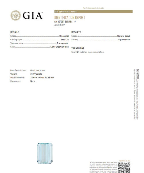 GIA CERTIFIED Natural Blue Aquamarine Rectangular Cut 31.79 Carats GIA-5191954119