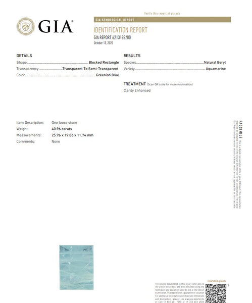 GIA CERTIFIED Natural Blue Aquamarine Fancy Cut 40.96 Carats GIA-6213188200