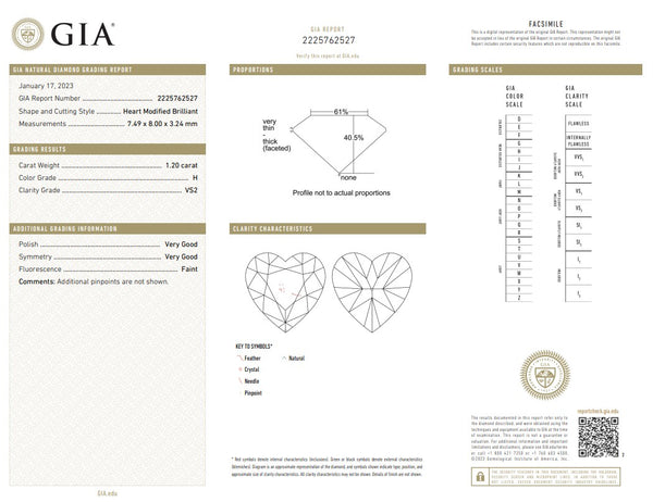 GIA CERTIFIED Diamond Heart-Shaped Cut 1.20 Cts VS-2 H Color GIA-2225762527