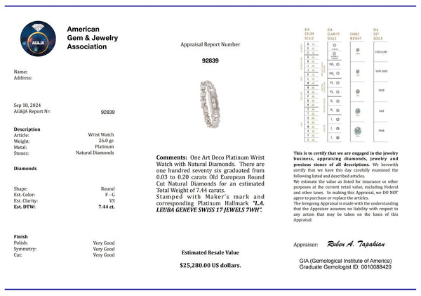 ART DECO 1930 Wrist Watch In Platinum With 7.44 Ctw In European Diamonds