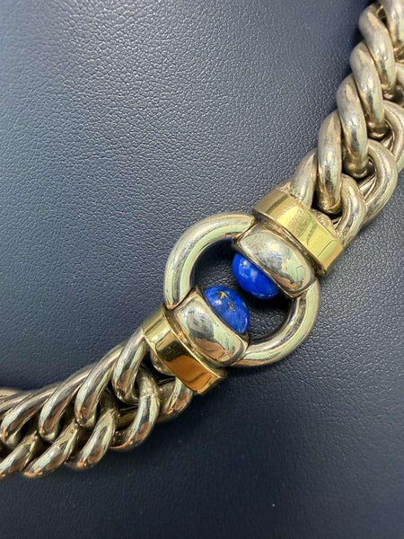 GUCCI 1970 Firenze Modernist Necklace In Solid .925 Sterling 18Kts Gold & Lapis