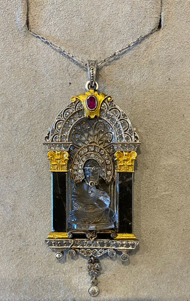 -Art Deco 1915 Enthroned Buddha Necklace In Platinum 18Kt Gold With Diamonds And Gems