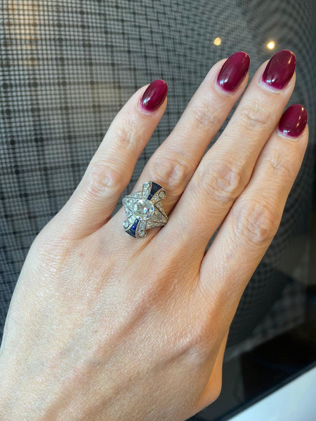 ART DECO 1925 Platinum Cocktail Ring With 3.65 Ctw In Diamonds & Sapphires