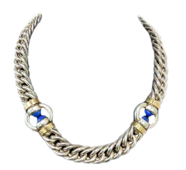GUCCI 1970 Firenze Modernist Necklace In Solid .925 Sterling 18Kts Gold & Lapis