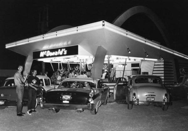 MCDONALD'S 1955 Vintage Large Matte Photograph Of Early Outdoors Restaurant