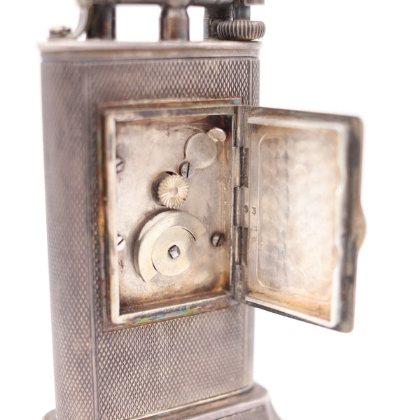 DUNHILL London 1928 Art Deco Petrol Desk Club Clock Lighter In Solid .925 Sterling Silver