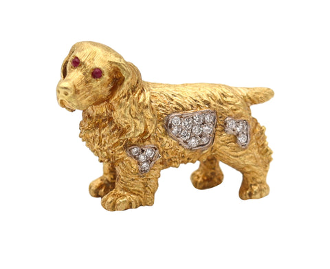 ITALIAN 1960 Dog Brooch In Solid  18Kt Yellow Gold With Diamonds And Rubies