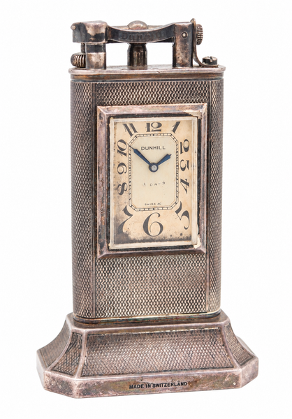 DUNHILL London 1928 Art Deco Petrol Desk Club Clock Lighter In Solid .925 Sterling Silver