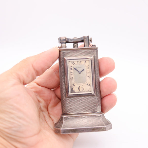 DUNHILL London 1928 Art Deco Petrol Desk Club Clock Lighter In Solid .925 Sterling Silver