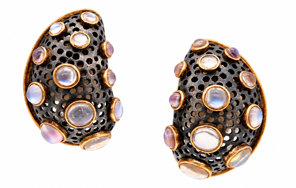 MARILYN COOPERMAN Earrings In 18Kt Yellow Gold Oxidized Sterling & Cabochons Moonstones