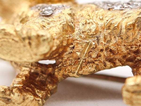 ITALIAN 1960 Dog Brooch In Solid  18Kt Yellow Gold With Diamonds And Rubies