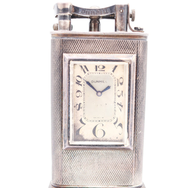 DUNHILL London 1928 Art Deco Petrol Desk Club Clock Lighter In Solid .925 Sterling Silver