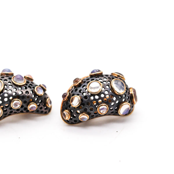 MARILYN COOPERMAN Earrings In 18Kt Yellow Gold Oxidized Sterling & Cabochons Moonstones