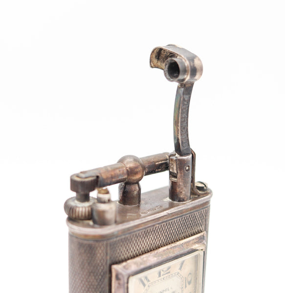 DUNHILL London 1928 Art Deco Petrol Desk Club Clock Lighter In Solid .925 Sterling Silver