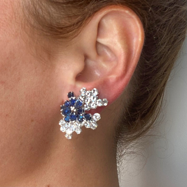 LOST Fendler Of Paris 1960 Gem Cluster Clips Earrings In Platinum With 22.67 Cts In Diamonds And Sapphires.