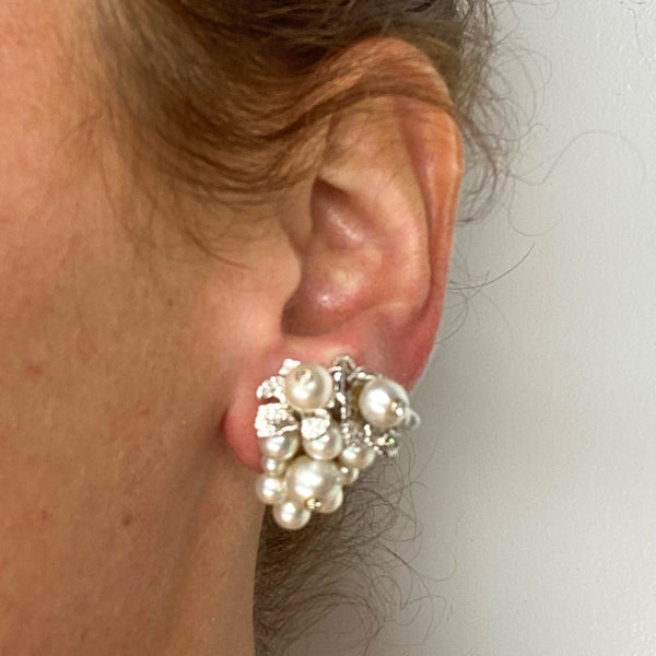 Art Deco Retro Clips-On Earrings In 14Kt Gold With Natural Pearls And European Diamonds