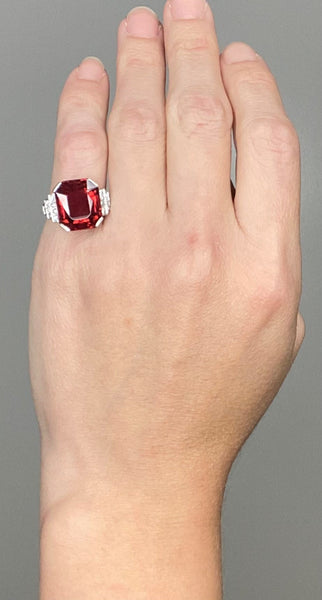 Souteyrand Paris 1920 Art Deco Cocktail Ring In Platinum With 15.04 Cts In Red Rubellite & Diamonds