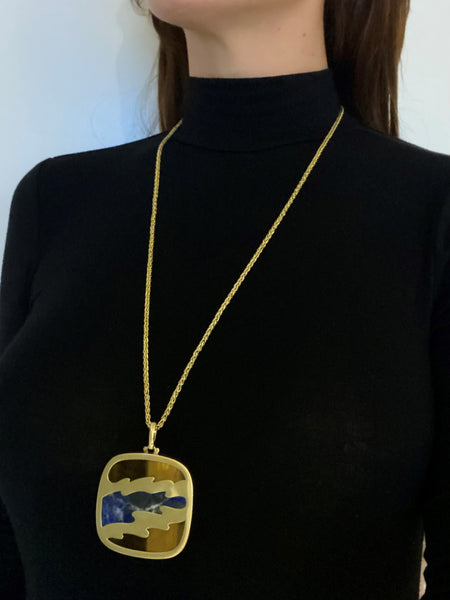 Bvlgari Roma 1970 Rare Abstract Modernist Necklace Pendant In 18Kt Gold With Sodalite And Tiger Eye Quartz