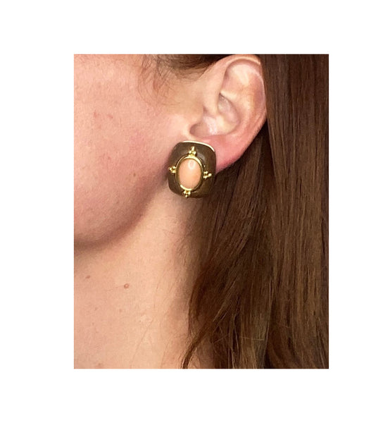Trianon Seaman Schepps Clip Earrings In 18Kt Gold With Carved Rose Wood And Coral