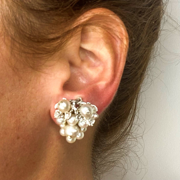 Art Deco Retro Clips-On Earrings In 14Kt Gold With Natural Pearls And European Diamonds