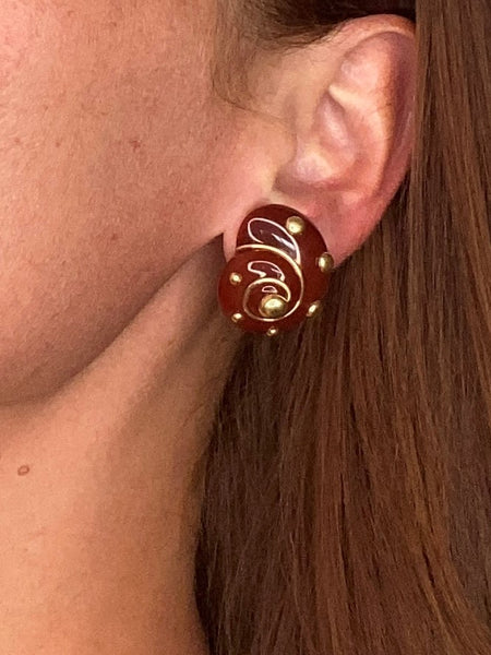 Verdura Milan Clip Earrings In 18Kt Yellow Gold With Carved Red Carnelian