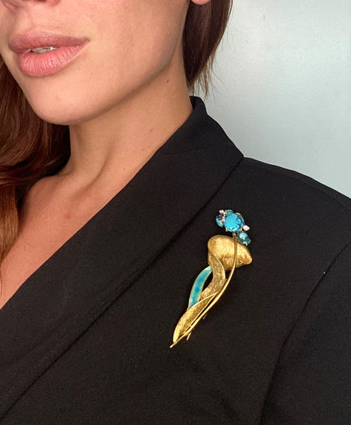 Mid Century 1960 Abstract Brooch In 18Kt Gold With 8.60 Cts In Turquoise And Diamonds