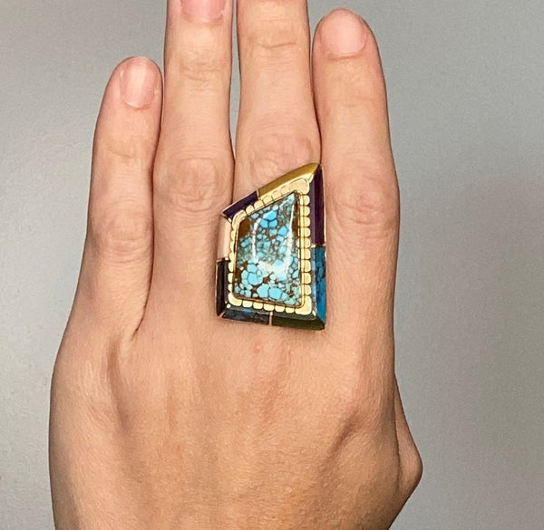 Andrew Alvarez Apache Native American Geometric Ring In 14Kt Gold With Inlaid Gemstones