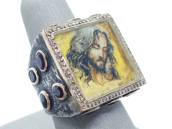 SEVAN BICAKCI 24 KT GOLD & STERLING SILVER, DIAMONDS AND RUBY "CHRIST" RING