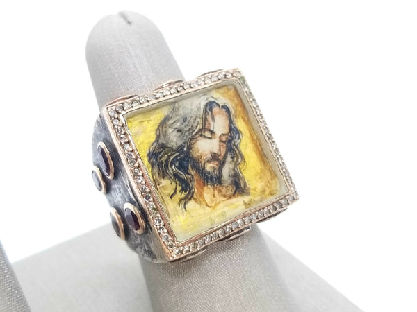 SEVAN BICAKCI 24 KT GOLD & STERLING SILVER, DIAMONDS AND RUBY "CHRIST" RING