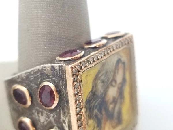 SEVAN BICAKCI 24 KT GOLD & STERLING SILVER, DIAMONDS AND RUBY "CHRIST" RING
