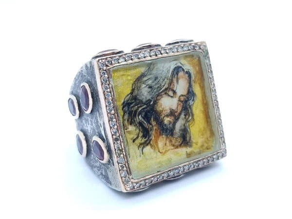 SEVAN BICAKCI 24 KT GOLD & STERLING SILVER, DIAMONDS AND RUBY "CHRIST" RING