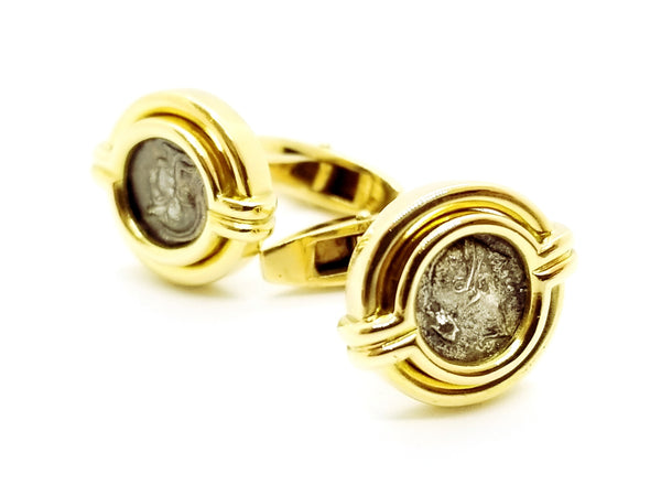 BVLGARI ROME 18 KT MONETTA CUFF LINKS WITH GREEK COIN 300 BC