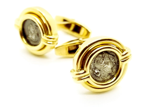 BVLGARI ROME 18 KT MONETTA CUFF LINKS WITH GREEK COIN 300 BC