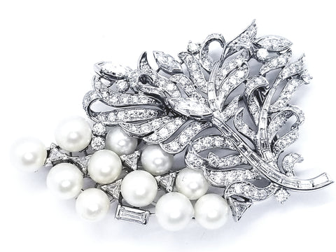IMPORTANT 1950 PLATINUM 10.19 Ct DIAMONDS & PEARLS BROOCH